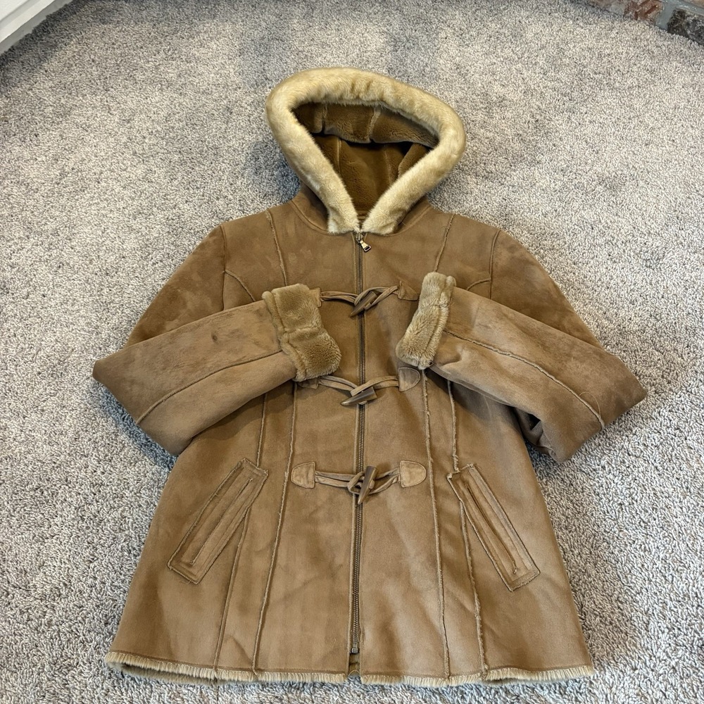 SONOMA  Penny Lane Fur Suede Toggle Button Coat Womens Medium Hooded Pockets